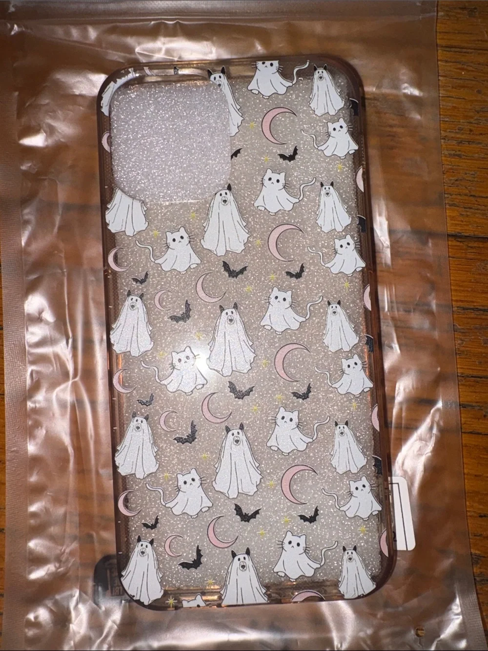 Apple Glitter Ghost Cat iPhone Case with Pink Moon Accents